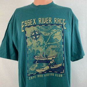 Essex River Race Cape Ann Rowing Club Map T Shirt Vtg 90s Green Made USA Size L